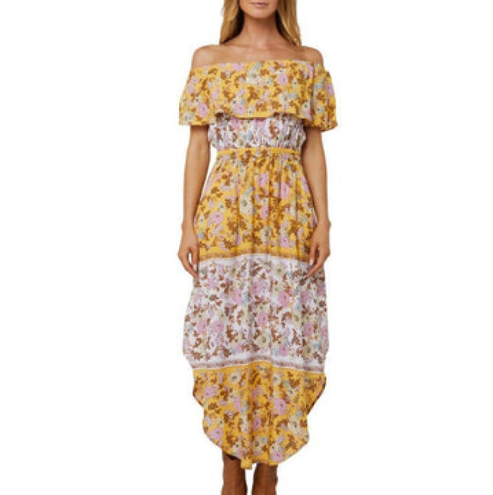 O’NEILL Ziggi Sunshine Yellow Boho Floral Boho Off The Shoulder Midi Dress NWT - Picture 13 of 14